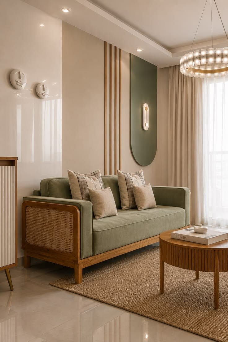 Cream living room with a sage green cane sofa, fluted wall panelling and a beaded chandelier
