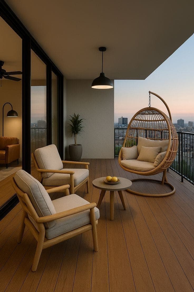 Balcony lounge with a rattan hanging chair, timber decking and an evening city skyline view