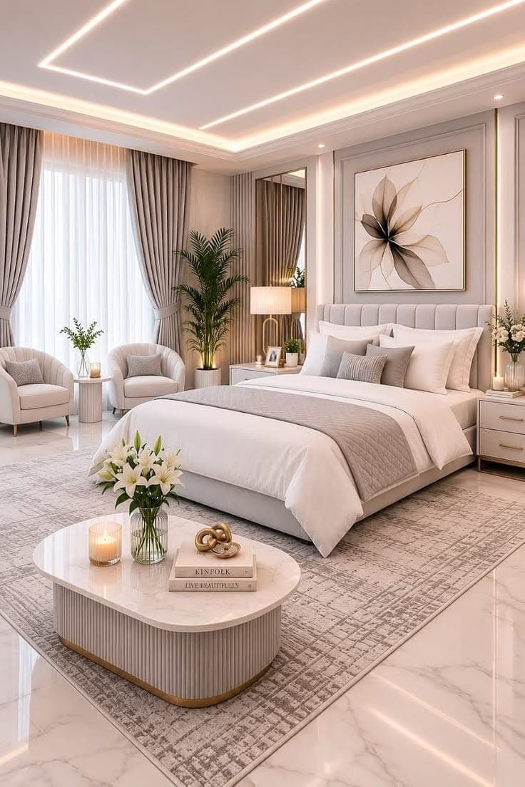 Warm neutral bedroom with layered lighting and a dedicated dressing and seating corner