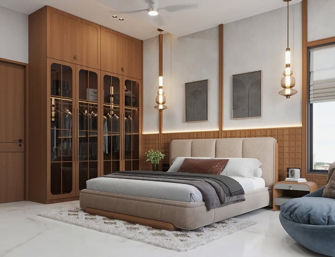 Bedroom with a full-height glazed wooden wardrobe, bedside pendant lights and a low upholstered bed