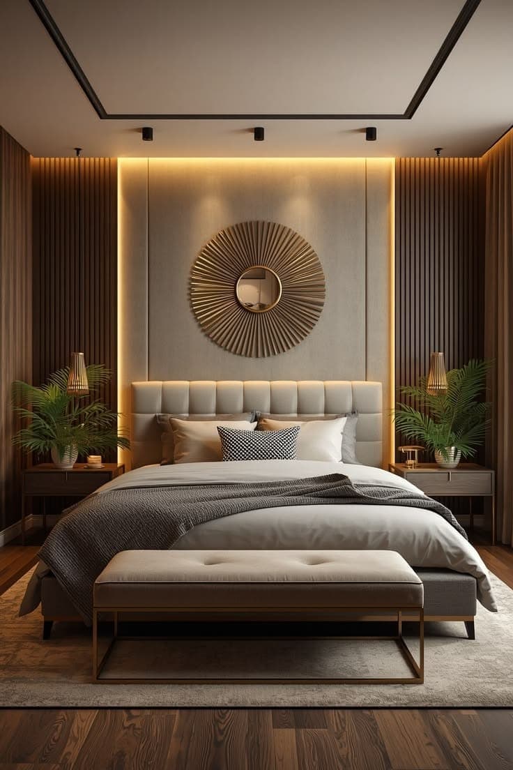 Bedroom with a tufted headboard, gold sunburst wall art and warm wood panelling