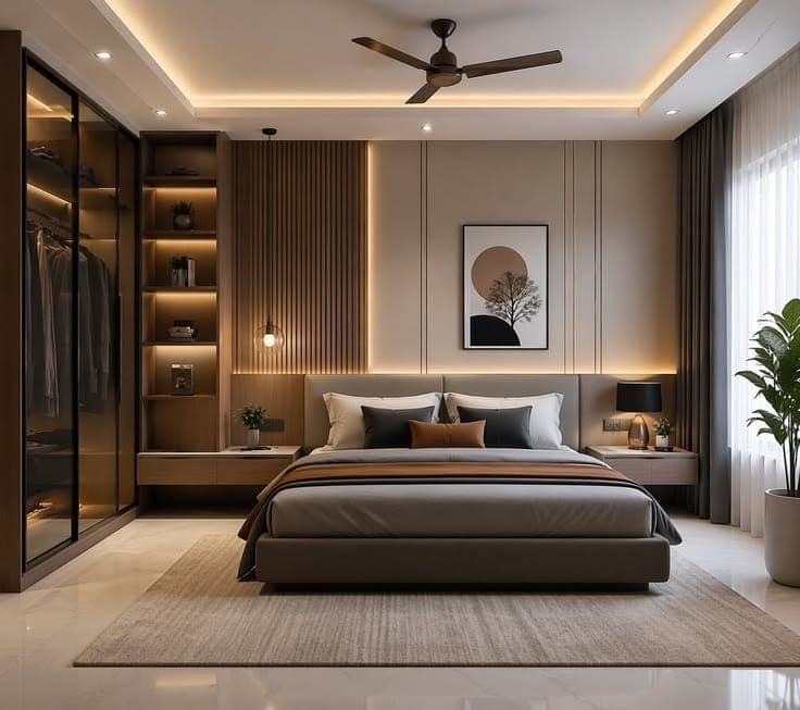 Bedroom with an open hanging wardrobe, fluted wall panelling and a cove-lit recessed ceiling