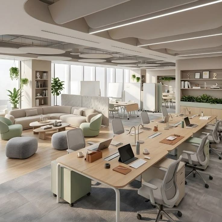 Open-plan corporate office with modular workstations and ergonomic seating by Mexora Interiors