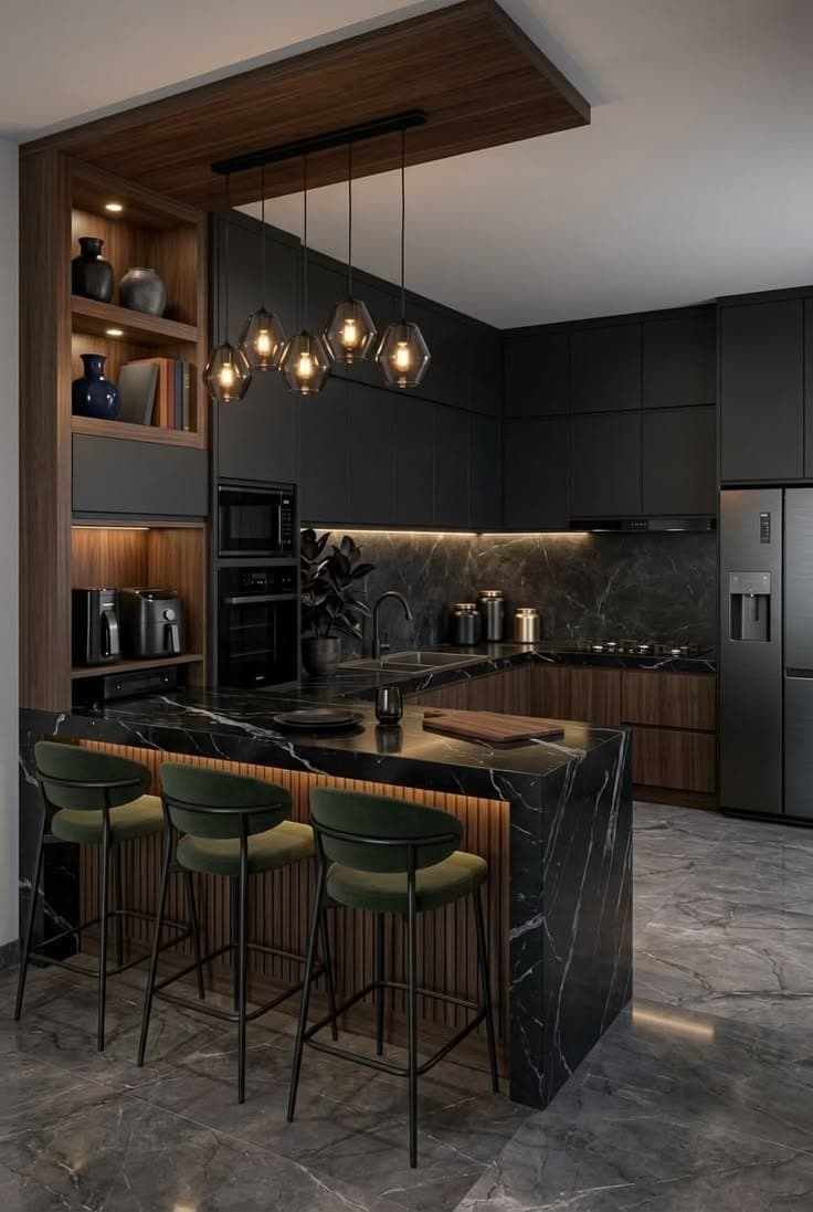 Modular kitchen with full-height storage units, a stone worktop and integrated appliances