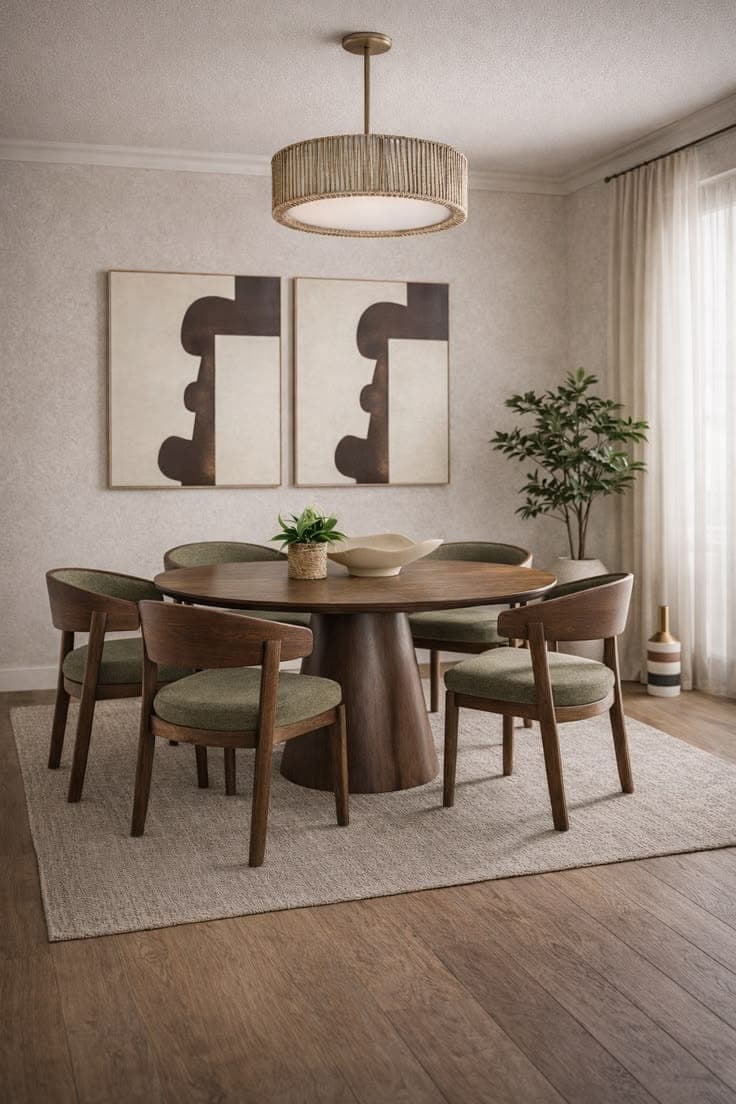 Compact dining nook with a round timber table, olive upholstered chairs and a drum pendant light