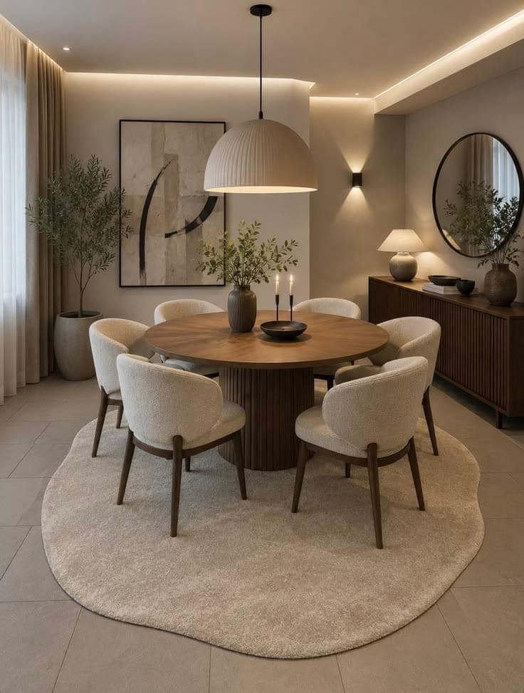 Dining room with a round wooden table, cream upholstered chairs and a ribbed drum pendant