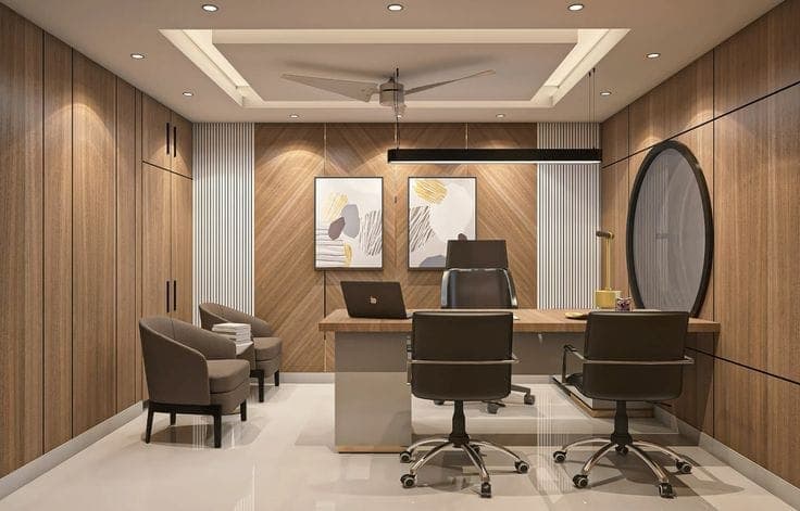 Executive office cabin with a wooden desk, wood wall panelling and framed artwork