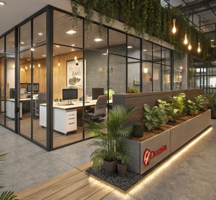Office floor behind black-framed glass partitions, with workstations, pendant lighting and planted borders