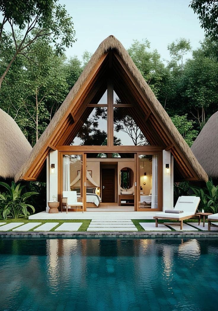 Resort pool villa with a thatched A-frame roof, glazed frontage and poolside loungers