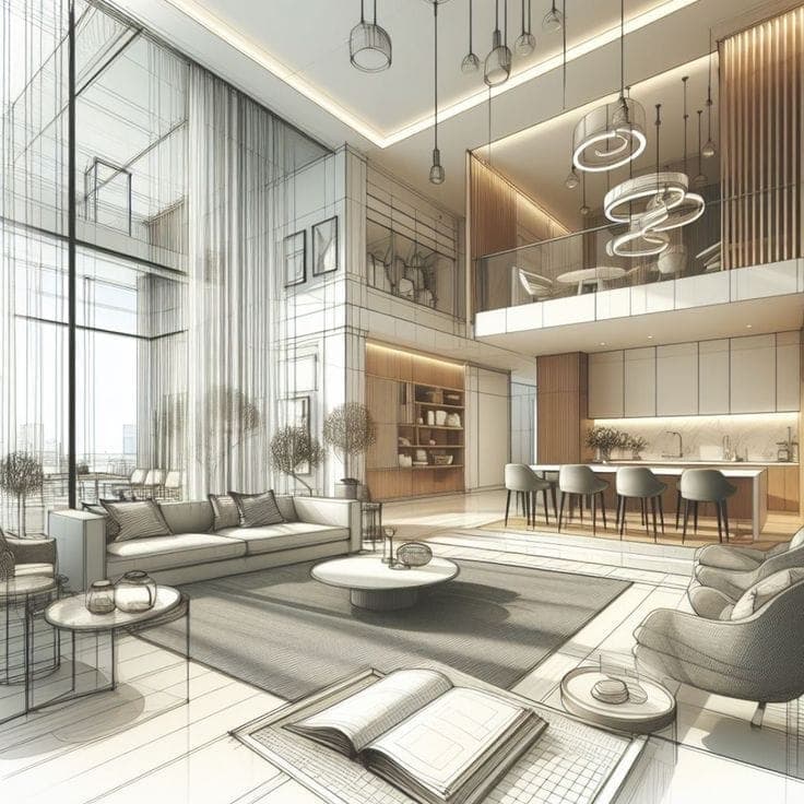Double-height living space drawn half as a line sketch and half as a finished render