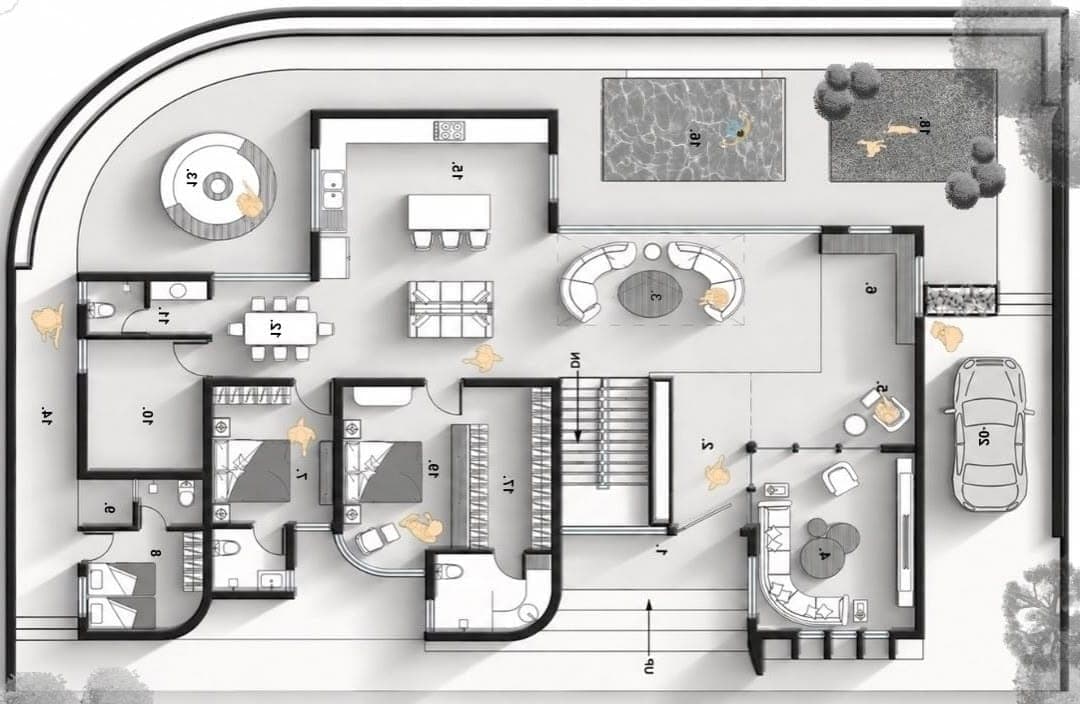 Two-dimensional floor plan showing furniture layout, circulation, and room zoning for a residence
