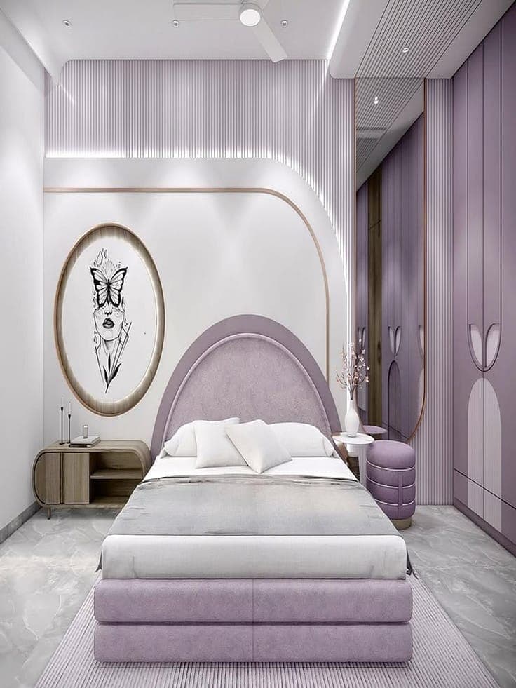 Kids bedroom in lilac with a curved upholstered headboard and butterfly wall art