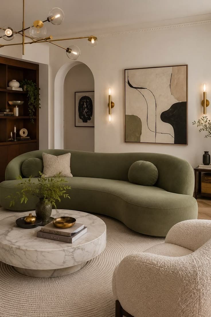 Living room with a curved green velvet sofa, a round marble coffee table and an arched wall niche