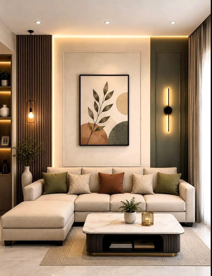 Living room with fluted wall panelling, botanical wall art and a cream L-shaped sofa