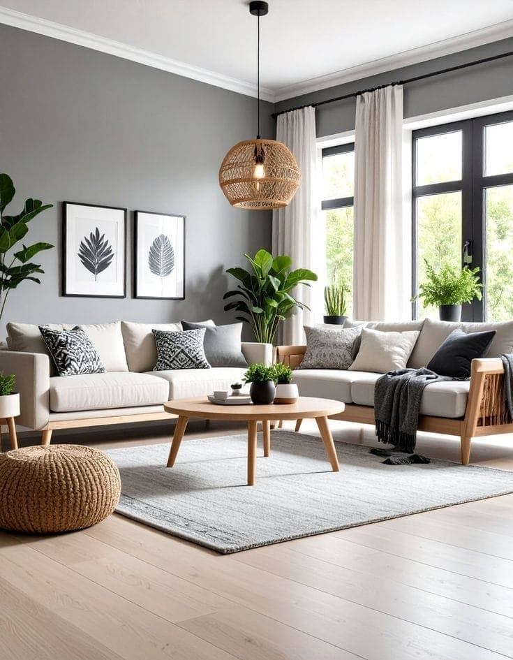Living room with a grey L-shaped sofa, a rattan pendant light, timber coffee table and house plants