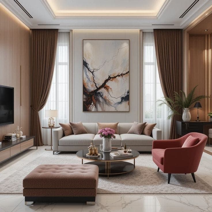 Living room with floor-length curtains, a large abstract canvas, a blush accent chair and a tufted ottoman