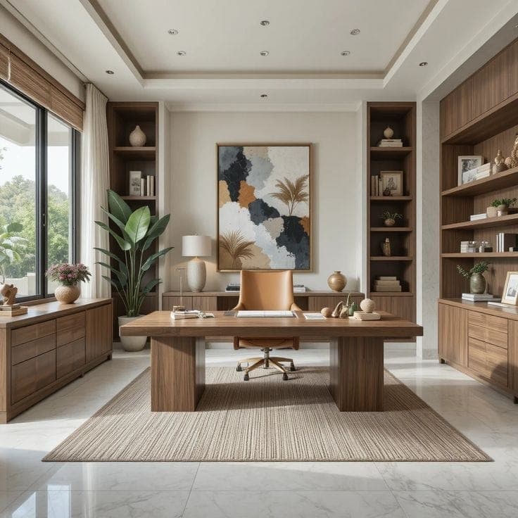 Executive office cabin with a timber desk, built-in shelving and framed artwork