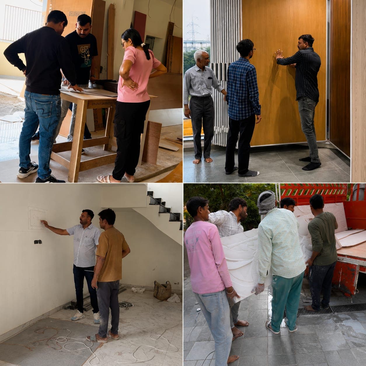 Four on-site photographs of the Mexora Interiors team at work: checking timber joinery, fitting a wood-panelled door, inspecting a bare-shell wall, and unloading upholstery from a delivery truck