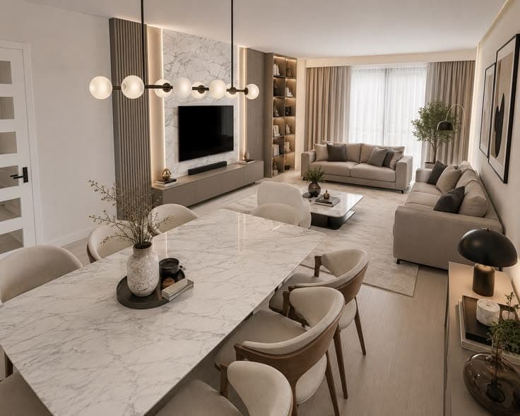 Open-plan living and dining room with a marble dining table, a sectional sofa and a fitted TV unit