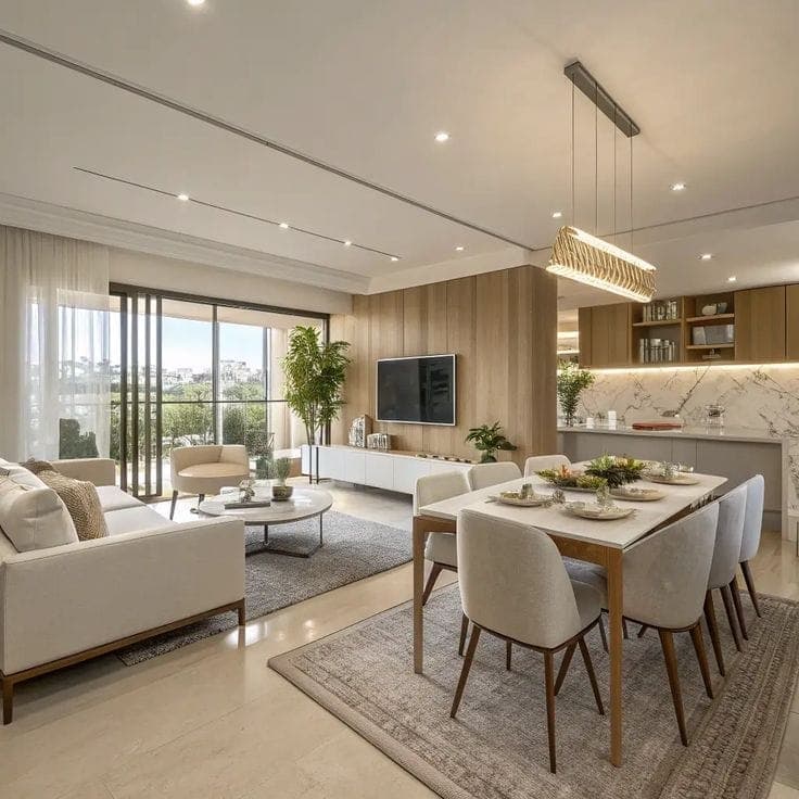 Open-plan apartment with a living area, dining table and modular kitchen sharing one daylit space