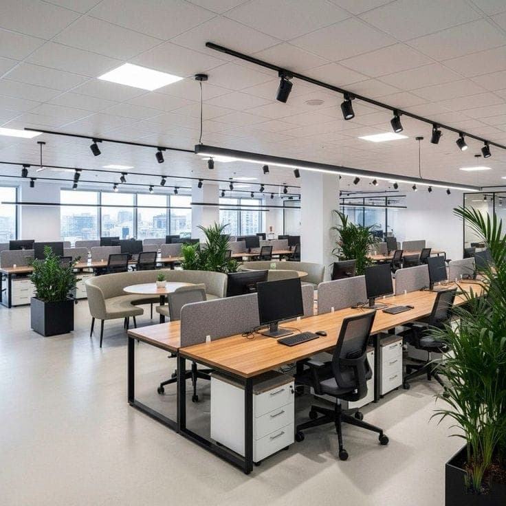 Open-plan office floor with linear workstations, track lighting and planted breakout seating