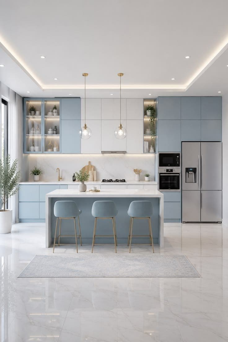 Pastel blue modular kitchen with a breakfast island, bar stools and integrated appliances