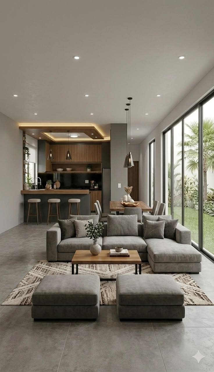 Open-plan living room with a grey modular sectional, ottomans and floor-to-ceiling glazing onto a garden