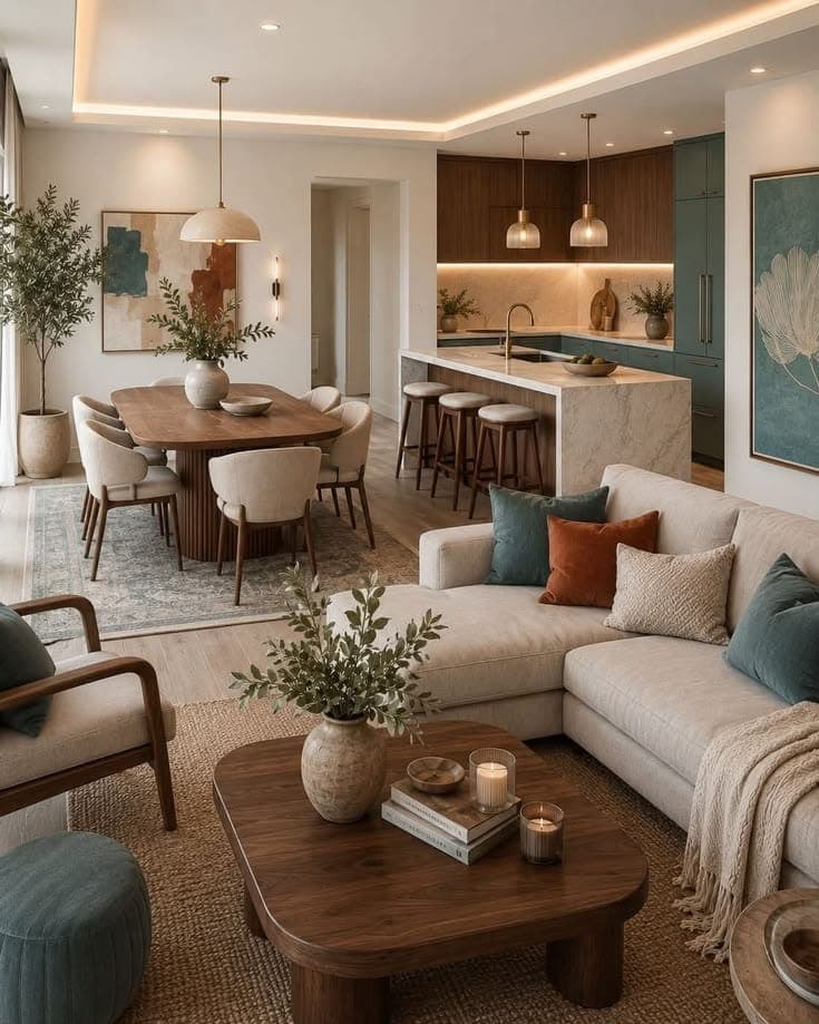 Open-plan living, dining and kitchen with a sectional sofa and layered natural light