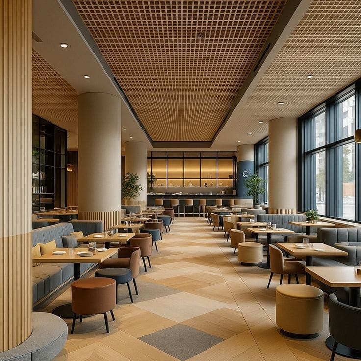 Restaurant dining hall with banquette seating, loose tables and a timber slat ceiling