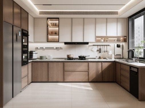 U-shaped modular kitchen in wood and white with a built-in oven and a window-side worktop