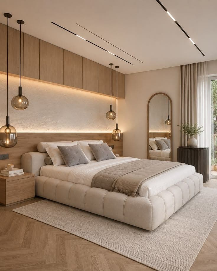 Warm minimal master bedroom with herringbone flooring, arched mirror and pendant bedside lighting