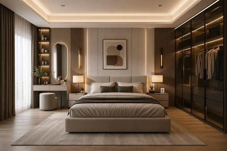 Master bedroom wardrobe with glass shutters and an integrated dressing unit